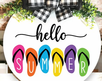 Flip Flop Summer Welcome Sign, Round Wood Front Door Decor