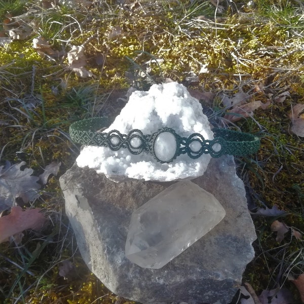 collier près de cou/serre tête/diadème, orné de 4 perles et une pierre naturelle sertie, + Soin Quantique, celtique/bohème/hippie