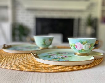 Vintage Porcelain Artist Palette Plate with Pink & Yellow Roses with Gold Trim – 4 Pieces