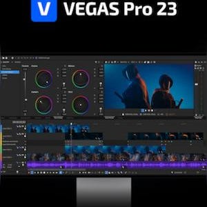 Pode incluir: Um monitor de computador exibindo a interface do software de edição de vídeo VEGAS Pro 23. A tela mostra rodas de correção de cor, uma janela de visualização de vídeo com duas figuras em azul e uma linha do tempo multifaixa.