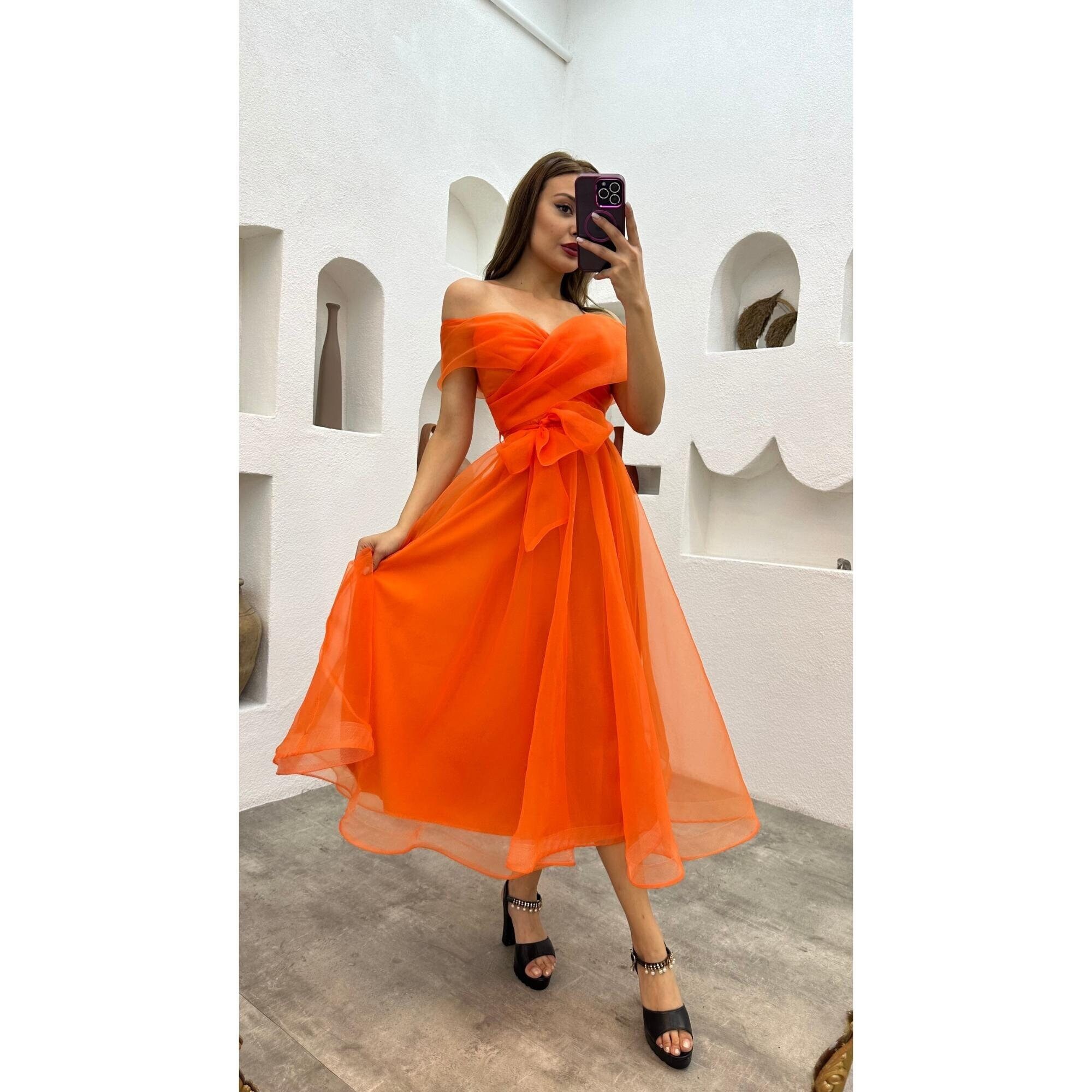 Long Evening Dress In Orange Muslin