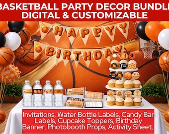 Decorazioni per la festa di compleanno a tema basket: invito stampabile modificabile per la festa sportiva, striscione, decorazioni per cupcake, etichette per bottiglie d'acqua, tappetino per attività.