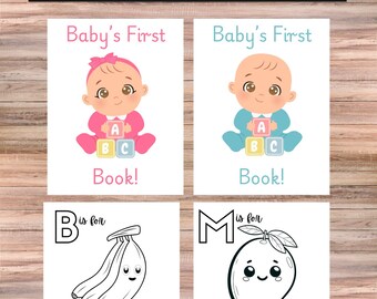 ABC ベビーシャワーぬり絵ブック – 印刷可能なダウンロード、ベビーシャワーアクティビティ、アルファベットフルーツぬり絵ページ、教育ギフトのアイデア