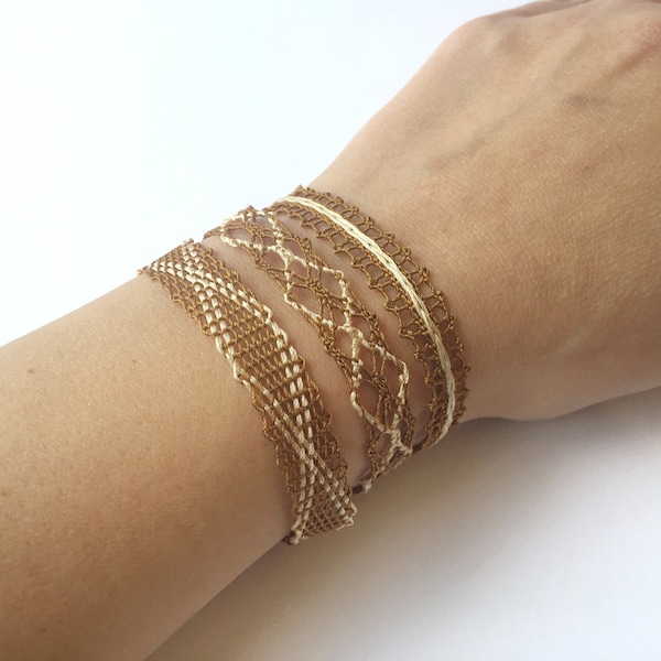 Rolling bohemian lace bracelet, Tan bronze and white off vintage bobbin lace jewelry, Minimal everyday wristband gift for woman