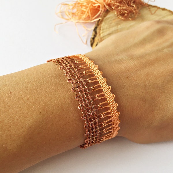 Sophisticated sparkling coral braided bracelet, Dainty gold and salmon minimalist wristband, Lace jewelry gift for her, Boho bride bracelet