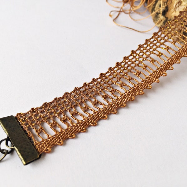 Sparkle gold bobbin lace bracelet, Bronce handwoven bracelet gift for mum, Fall textile jewelry for her, Elegant cuff for woman