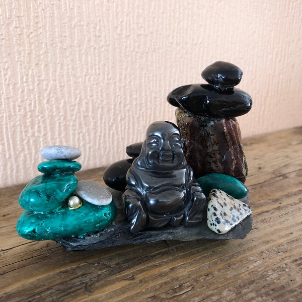 Buddha with stones and Dalmation Jasper gem stone, Haematite carved Buddha tea light holder, unique gift idea