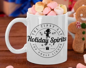 Tipsy Elf Holiday Spirits Christmas Winter Mug | Christmas Coffee Mug | Secret Santa Gift | Merry Christmas | Xmas Gift | Holiday Cocoa Mug