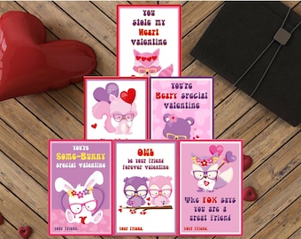 Woodland Kids Valentines, Animal Valentines, School Valentines, Classroom Valentines, Printable Valentines Day Kids Girls Cards, Party