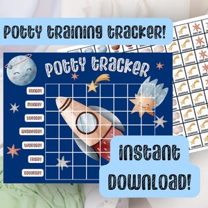 May include: A potty training chart with a rocket, stars, and a smiling moon against a blue background. Text reads "Potty Training Tracker" and "Instant Download". A separate sheet with star and cloud graphics is also visible.