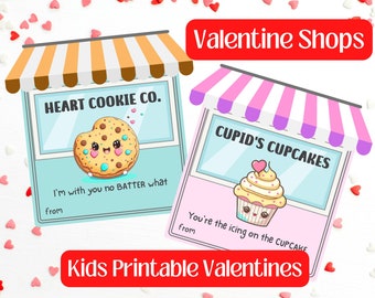 Valentine Shops and Cute Food Valentines for Kids, School Valentines, Class Valentines, Valentine Exchange, Printable, Valentines Kids Party