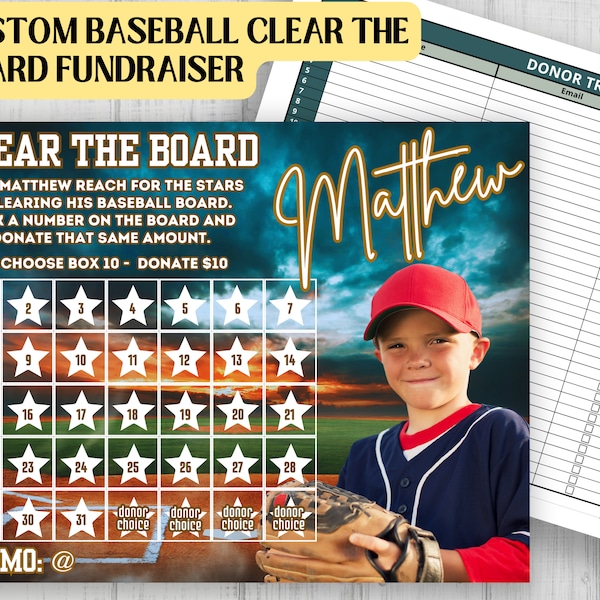Clear the Board Baseball Custom Photo Fundraiser | Pick A Date to Donate | Black Out My Board | Pay My Day | School Baseball Team Bundle