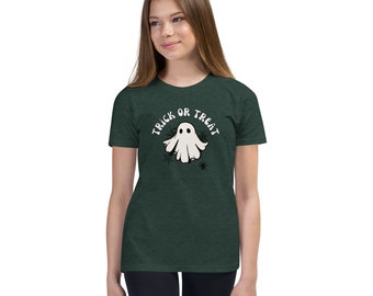 Trick or Treat Halloween Ghost Youth Unisex Fall T-Shirt | Kids Halloween Shirt | Ghost Trick Or Treat Tee |  Pumpkin Shirt | Tricky Tee