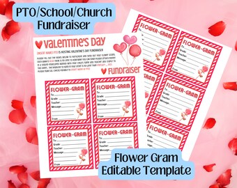 以下が含まれることがあります： 赤と白のストライプ、ピンクの花、そして赤い文字で「FLOWER-GRAM」と書かれた、バレンタインデーの花グラムの印刷可能なテンプレート。テンプレートには、「宛名」、「学年」、「先生」、「メッセージ」、「差出人」の欄があります。
