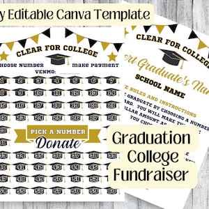 以下が含まれることがあります： 金と黒のカラーテーマの卒業資金調達サインを印刷できます。サインには、卒業帽、星、そして「Clear for College」というテキストが書かれています。サインには、1から60までの番号のグリッドも含まれており、番号を選択して寄付するセクションがあります。