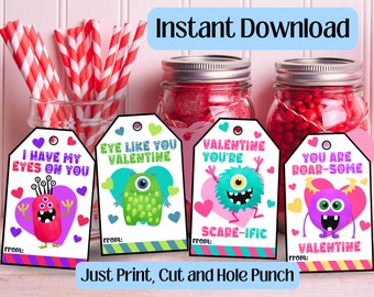 May include: Printable Valentine's Day gift tags featuring cute monster illustrations and fun sayings like "I have my eyes on you" and "You are roar-some".