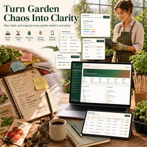 May include: A digital garden planning interface displayed on a laptop and tablet, featuring text that reads Turn Garden Chaos Into Clarity. The screen shows logs for watering, harvest, and planting, alongside a notebook with handwritten garden notes.