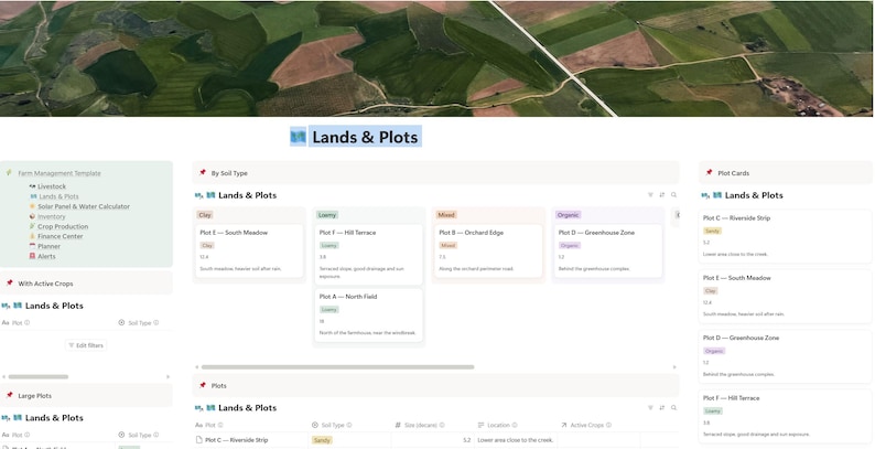 May include: A digital interface displaying farm management tools. The interface includes sections for livestock, lands and plots, and inventory. The top of the interface features an aerial view of farmland.