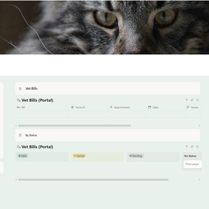 Puede incluir: Una interfaz digital para la gesti&oacute;n de facturas veterinarias, con una combinaci&oacute;n de colores verde claro y blanco. La interfaz incluye secciones para la navegaci&oacute;n, las facturas veterinarias y los portales, con el texto "Vet Bills".