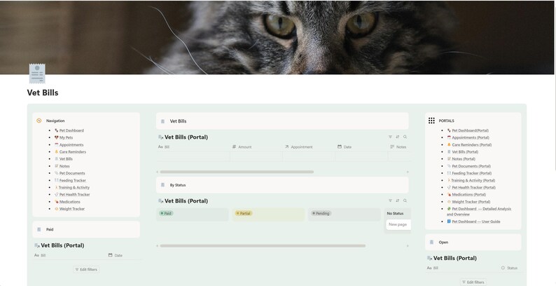 Puede incluir: Una interfaz digital para la gesti&oacute;n de facturas veterinarias, con una combinaci&oacute;n de colores verde claro y blanco. La interfaz incluye secciones para la navegaci&oacute;n, las facturas veterinarias y los portales, con el texto "Vet Bills".