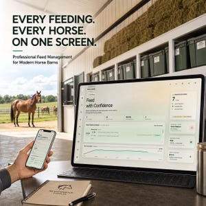 Könnte beinhalten: Ein Tablet und ein Smartphone zeigen eine Softwareoberfläche zur Futterverwaltung mit dem Text 'EVERY FEEDING. EVERY HORSE. ON ONE SCREEN.' und 'Feed with Confidence'. Ein Notizbuch mit dem Logo 'MEADOWBROOK STABLES' und ein Stift liegen bereit.