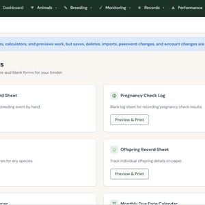Może przedstawiać: Cyfrowy interfejs zatytułowany Printables & Forms dla RanchTrack, zawierający pasek nawigacji oraz listę opcji dokument&oacute;w, w tym Quick Breeding Record Sheet, Pregnancy Check Log, Birth/Kidding Log oraz Offspring Record Sheet.