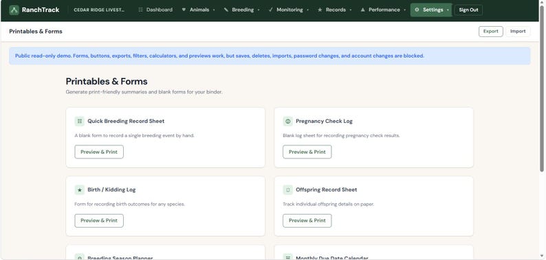 Może przedstawiać: Cyfrowy interfejs zatytułowany Printables & Forms dla RanchTrack, zawierający pasek nawigacji oraz listę opcji dokument&oacute;w, w tym Quick Breeding Record Sheet, Pregnancy Check Log, Birth/Kidding Log oraz Offspring Record Sheet.