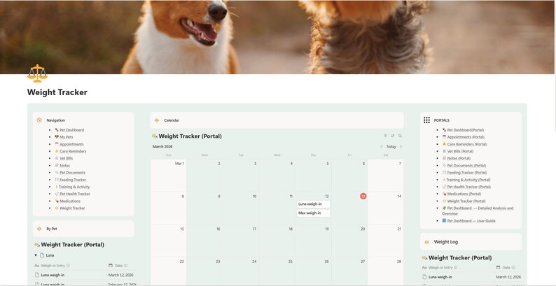 Puede incluir: Interfaz de sitio web de seguimiento de peso de mascotas, con calendario, navegaci&oacute;n y secciones de portal. La interfaz es verde claro y blanca, con una imagen borrosa de dos perros en la parte superior. Se muestra el texto "Weight Tracker".