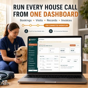 以下が含まれることがあります： HouseCall Vet Proソフトウェアのダッシュボードが表示されたノートパソコン。予約、訪問、記録、請求書のセクションがあり、画面には日次スケジュール、収益の可能性、モバイル獣医サービスのルート概要が表示されています。