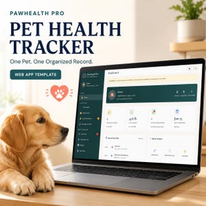以下が含まれることがあります： PawHealth Proペットヘルスケアトラッカーのウェブアプリテンプレートを表示したノートパソコン。ダッシュボードにはペットの記録、健康指標、タスクリストが表示されています。画面の横にはゴールデンレトリバーの子犬が座っており、画面には「PawHealth Pro」「Pet Health Tracker」「One Pet. One Organized Record.」「Web App Template」というテキストが表示されています。