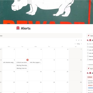 May include: A digital dashboard interface titled Alerts, featuring a calendar view for March 2024, a list of open alerts with status and severity labels, and a sidebar menu for farm management tasks including livestock, inventory, and crop production.