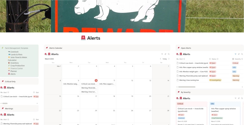 May include: A digital dashboard interface titled Alerts, featuring a calendar view for March 2024, a list of open alerts with status and severity labels, and a sidebar menu for farm management tasks including livestock, inventory, and crop production.