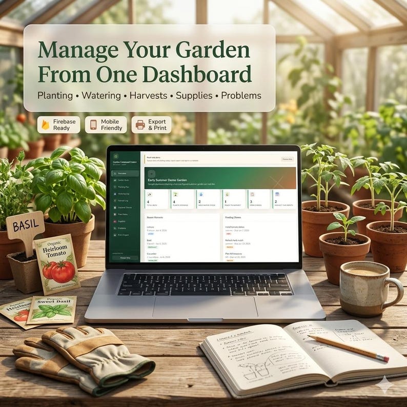May include: A laptop displaying a garden management dashboard with the text Manage Your Garden From One Dashboard, Planting, Watering, Harvests, Supplies, Problems, Firebase Ready, Mobile Friendly, and Export & Print, surrounded by potted plants, seed packets, gloves, and a notebook.