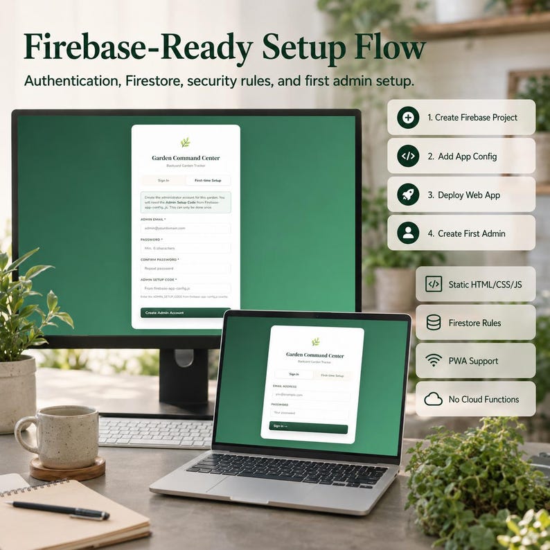 May include: A computer monitor and laptop displaying a Firebase-Ready Setup Flow interface for a Garden Command Center. The screen shows authentication, Firestore, and admin setup forms, with a sidebar listing four project steps and technical features.