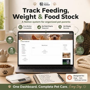 Op de afbeelding: Een digitaal dashboard voor huisdieren op een laptopscherm met de titel Track Feeding, Weight & Food Stock. De interface bevat navigatie, snelle acties en foto's. Inclusief een voerbak, digitale weegschaal en een notitieblok.
