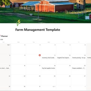 May include: A digital farm management template with a calendar interface. The top banner features a scenic farm landscape. The template includes sections for livestock, inventory, and alerts, with the title "Farm Management Template".