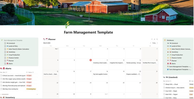 May include: A digital farm management template with a calendar interface. The top banner features a scenic farm landscape. The template includes sections for livestock, inventory, and alerts, with the title "Farm Management Template".