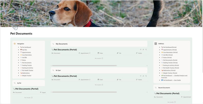 Puede incluir: Una p&aacute;gina web titulada "Documentos para mascotas" con una imagen de un perro beagle en la parte superior. La p&aacute;gina presenta opciones de navegaci&oacute;n, secciones de documentos y acceso al portal para informaci&oacute;n relacionada con mascotas.