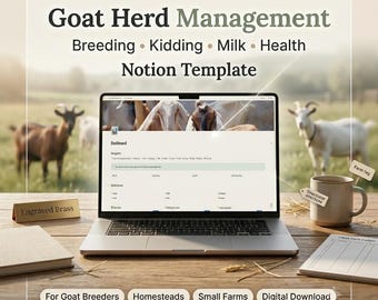 Goat Herd Management Notion Template, Breeding Kidding Milk Health Feed Farm Planner