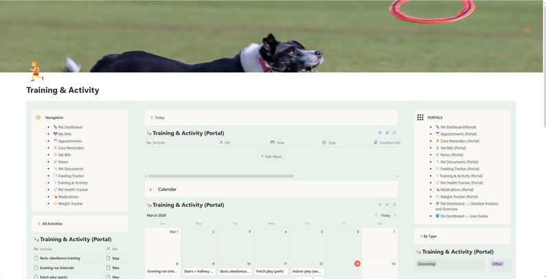 Puede incluir: Una interfaz de p&aacute;gina web titulada "Training & Activity" con un perro blanco y negro en el fondo. La interfaz incluye opciones de navegaci&oacute;n, un calendario y una lista de actividades. El perro lleva un collar blanco y mira un anillo rojo.