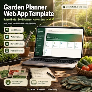 May include: A Garden Planner Web App Template displayed on a laptop screen, featuring a dashboard for raised beds, seed planning, and harvest logs. The interface includes sections for watering logs and mobile-friendly tools, with digital download and setup guide.