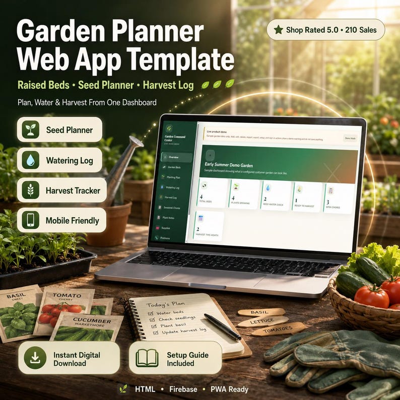May include: A Garden Planner Web App Template displayed on a laptop screen, featuring a dashboard for raised beds, seed planning, and harvest logs. The interface includes sections for watering logs and mobile-friendly tools, with digital download and setup guide.
