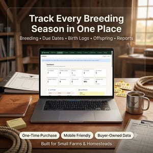Może przedstawiać: Laptop wyświetla pulpit nawigacyjny RanchTrack z danymi o hodowli, terminach, rejestrach urodzeń, potomstwie i raportach. Ekran pokazuje tabele danych. Obok znajduje się notatnik, metalowy kubek, ż&oacute;łte kolczyki dla zwierząt i formularze.