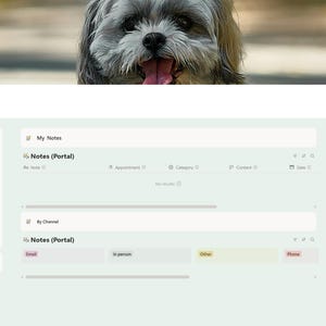 Puede incluir: Una interfaz digital con la palabra "Notas" en la parte superior, con una imagen de un perro encima. La interfaz incluye opciones de navegaci&oacute;n, secciones de notas y listados de portales, todo en una combinaci&oacute;n de colores verde claro.