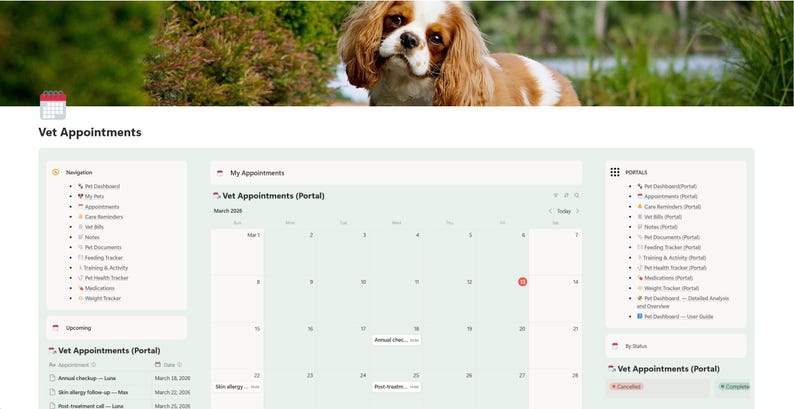 Puede incluir: Interfaz digital para citas veterinarias, con calendario, men&uacute; de navegaci&oacute;n y opciones relacionadas con mascotas. Un perro Cavalier King Charles Spaniel est&aacute; en la parte superior de la imagen. La interfaz incluye secciones para citas, recordatorios y seguimiento de la salud.