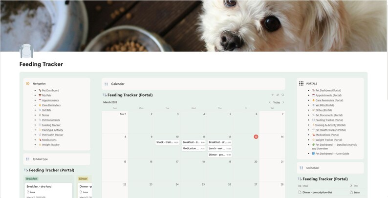 Puede incluir: Una interfaz digital de seguimiento de la alimentaci&oacute;n de mascotas con calendario, navegaci&oacute;n y opciones de portal. La interfaz es de color verde claro y blanco, con las palabras "Feeding Tracker" en la parte superior. Un perro blanco y esponjoso en el fondo.