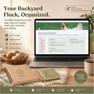 May include: A digital Notion template dashboard for backyard chicken flock management displayed on a laptop screen, accompanied by a spiral-bound notebook with the text PLAN. TRACK. CARE., a wooden pencil, and a nest of eggs in a woven basket.