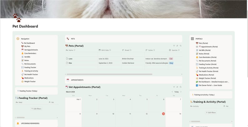 Puede incluir: Interfaz de panel de control para mascotas con un dise&ntilde;o en verde claro y blanco. Incluye secciones para navegaci&oacute;n, mascotas, citas veterinarias, seguimiento de alimentaci&oacute;n y entrenamiento. El texto "Pet Dashboard" est&aacute; en la parte superior.