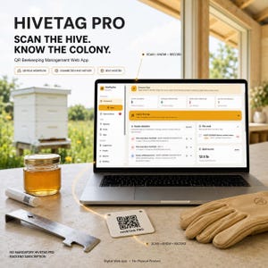 Puede incluir: Un portátil que muestra el panel de control de la aplicación web de gestión apícola Hivetag Pro, junto a un tarro de miel, una palanca de apicultor de metal, una etiqueta con código QR y un guante de cuero beige. La pantalla muestra datos.