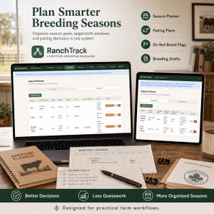 Może przedstawiać: Laptop i tablet z oprogramowaniem do zarządzania hodowlą RanchTrack, obok spiralnego planera hodowlanego, wydrukowanego kalendarza hodowlanego, czarnego długopisu i notatnika z rejestrami inwentarza na drewnianej powierzchni.
